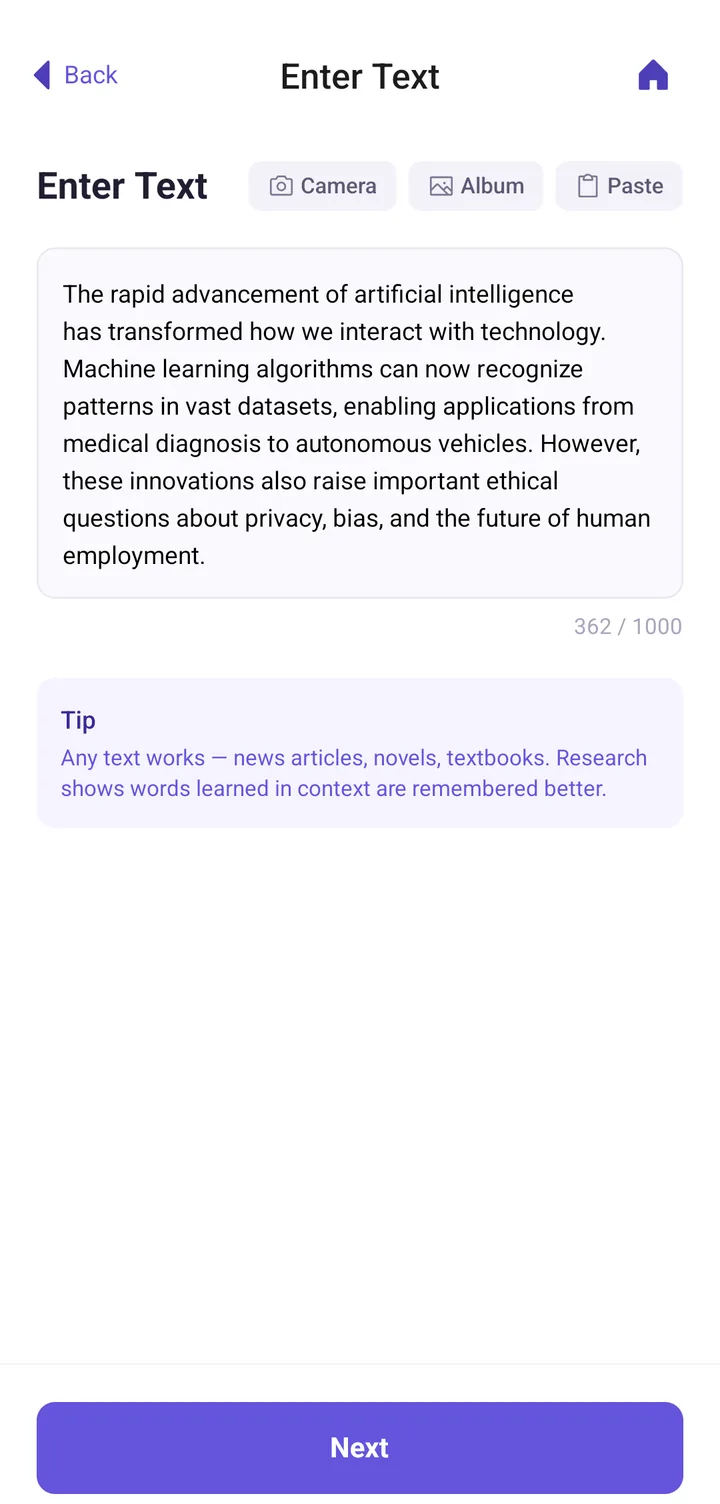 Screen for extracting key words from an entered sentence